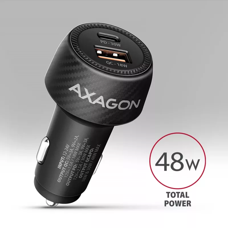 Automobilinis įkroviklis AXAGON PWC-PQ48, 48W, USB-C (PD3.0) + USB-A (QC4+), įėjimas 12–24V, juodas