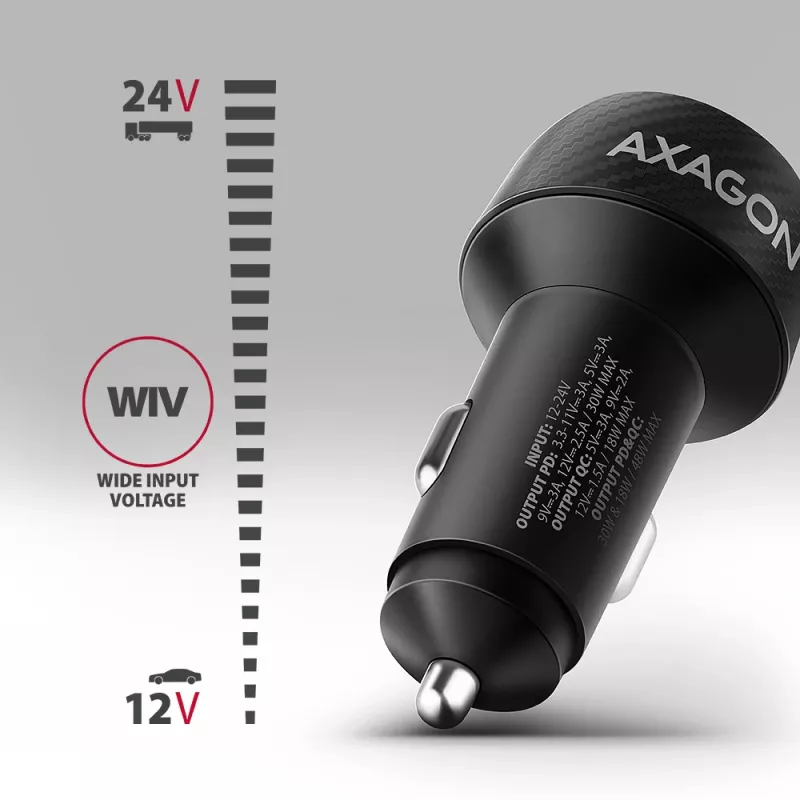 Automobilinis įkroviklis AXAGON PWC-PQ48, 48W, USB-C (PD3.0) + USB-A (QC4+), įėjimas 12–24V, juodas