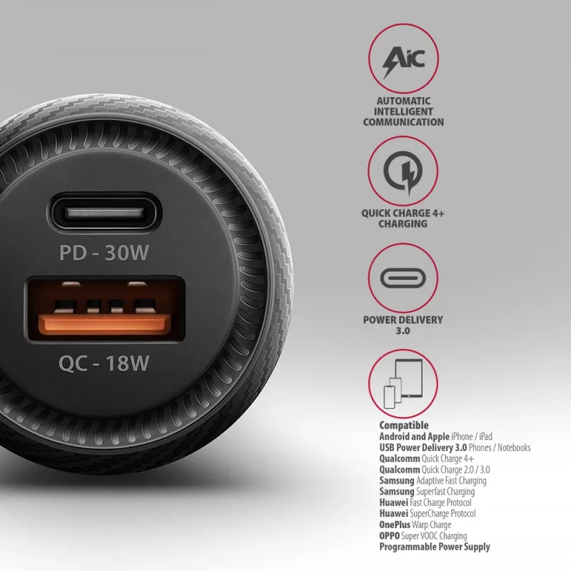 Automobilinis įkroviklis AXAGON PWC-PQ48, 48W, USB-C (PD3.0) + USB-A (QC4+), įėjimas 12–24V, juodas