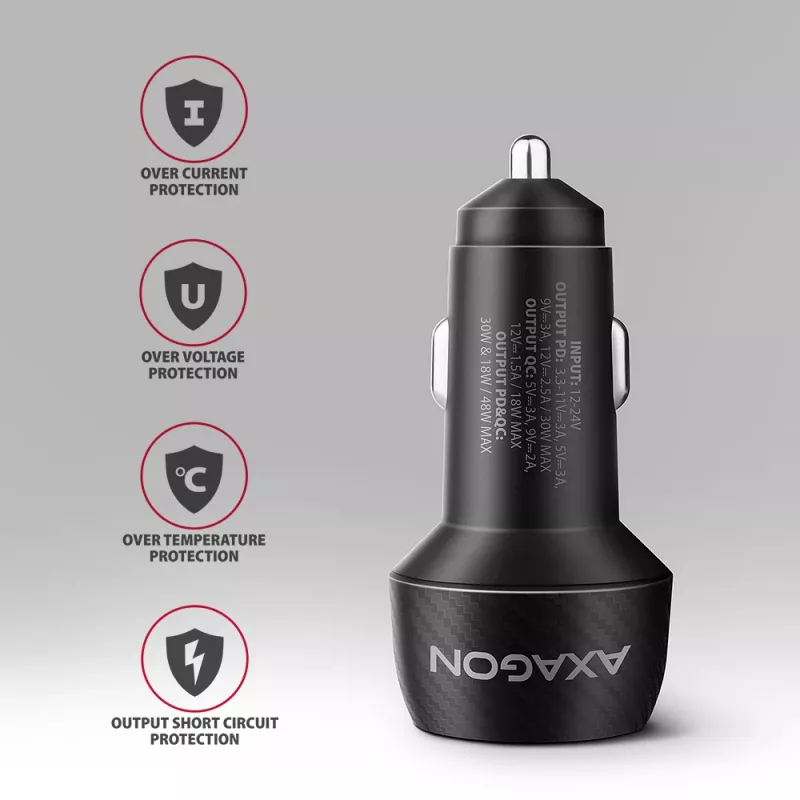 Automobilinis įkroviklis AXAGON PWC-PQ48, 48W, USB-C (PD3.0) + USB-A (QC4+), įėjimas 12–24V, juodas