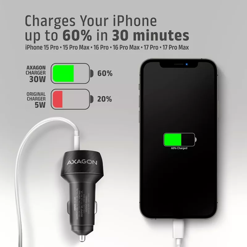 Automobilinis įkroviklis AXAGON PWC-PQ48, 48W, USB-C (PD3.0) + USB-A (QC4+), įėjimas 12–24V, juodas