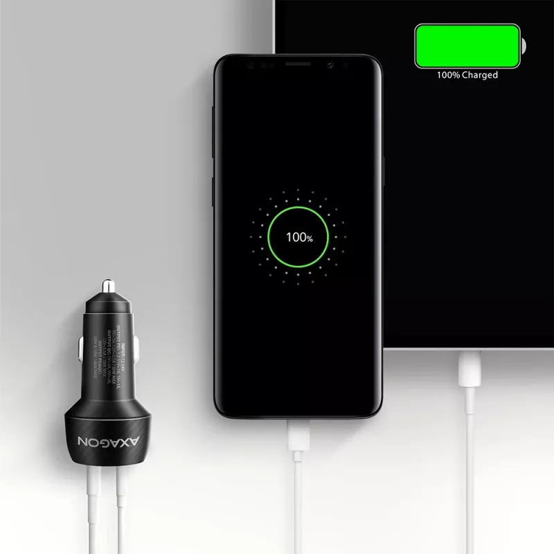 Automobilinis įkroviklis AXAGON PWC-PQ48, 48W, USB-C (PD3.0) + USB-A (QC4+), įėjimas 12–24V, juodas