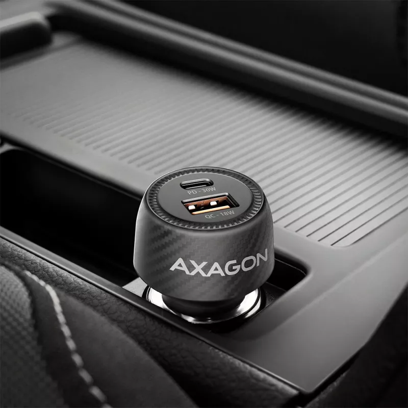 Automobilinis įkroviklis AXAGON PWC-PQ48, 48W, USB-C (PD3.0) + USB-A (QC4+), įėjimas 12–24V, juodas