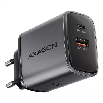 Sieninis įkroviklis AXAGON ACU-PQ67, 67W, PD3.0 + QC4+, 1x USB-C + 1x USB-A, 100–240V, pilka/juoda