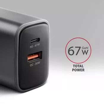 Sieninis įkroviklis AXAGON ACU-PQ67, 67W, PD3.0 + QC4+, 1x USB-C + 1x USB-A, 100–240V, pilka/juoda