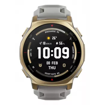 Išmanusis laikrodis Amazfit T-rex 3 Pro 44 mm, 1,32 col. AMOLED 466×466, 16 GB, 64 MB RAM, GPS, Wi‑Fi, atsparus vandeniui 45 m, auksinis korpusas, pilka silikoninė juosta
