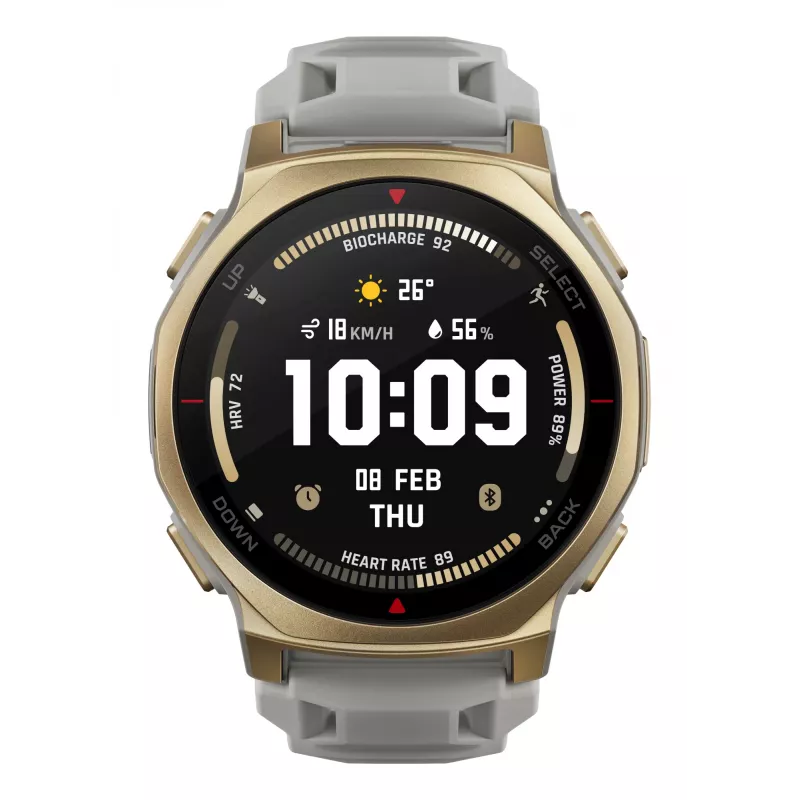 Išmanusis laikrodis Amazfit T-rex 3 Pro 44 mm, 1,32 col. AMOLED 466×466, 16 GB, 64 MB RAM, GPS, Wi‑Fi, atsparus vandeniui 45 m, auksinis korpusas, pilka silikoninė juosta