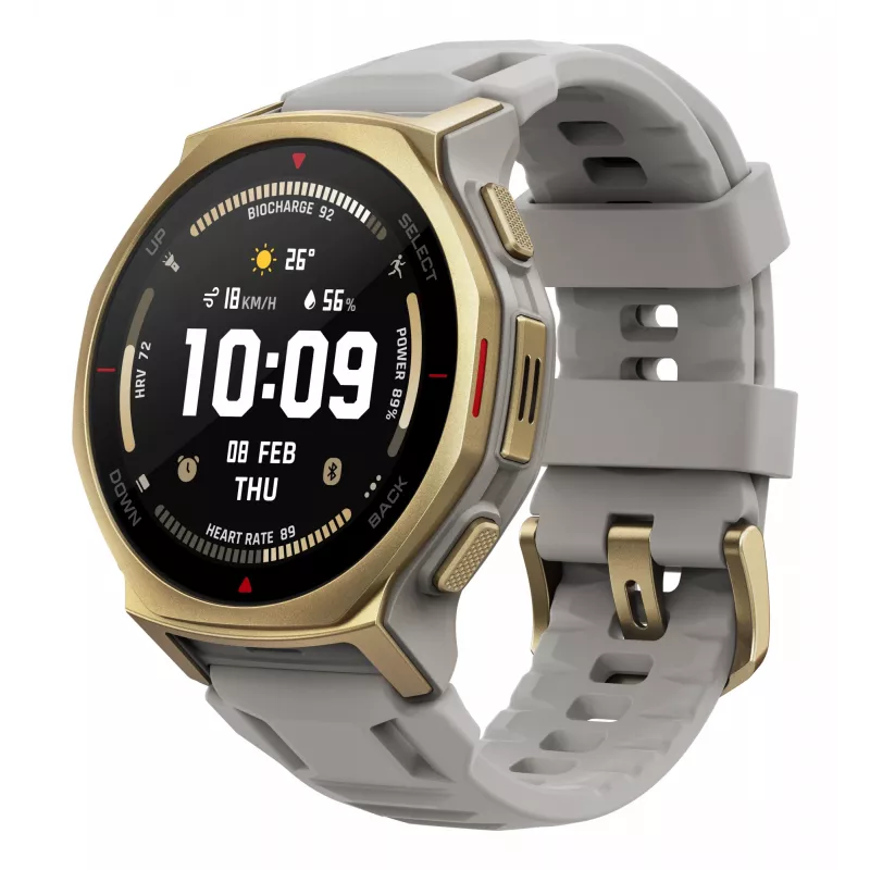 Išmanusis laikrodis Amazfit T-rex 3 Pro 44 mm, 1,32 col. AMOLED 466×466, 16 GB, 64 MB RAM, GPS, Wi‑Fi, atsparus vandeniui 45 m, auksinis korpusas, pilka silikoninė juosta