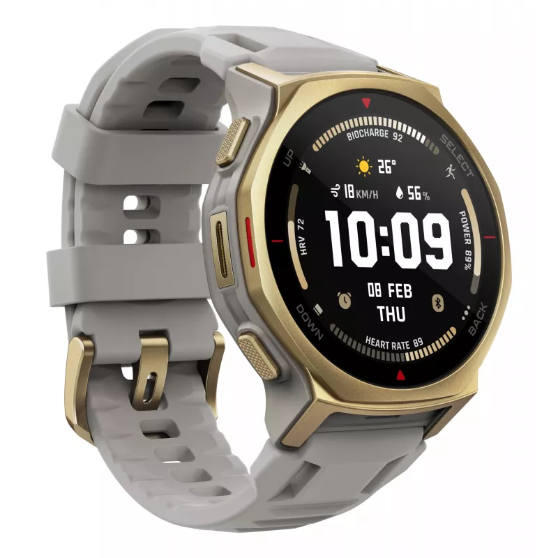 Išmanusis laikrodis Amazfit T-rex 3 Pro 44 mm, 1,32 col. AMOLED 466×466, 16 GB, 64 MB RAM, GPS, Wi‑Fi, atsparus vandeniui 45 m, auksinis korpusas, pilka silikoninė juosta