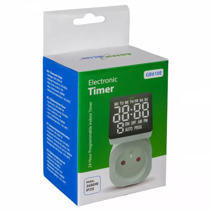Skaitmeninis laikmatis GreenBlue GB610E, maks. apkrova 16A, IP20, programuojami įjungimo/išjungimo ciklai