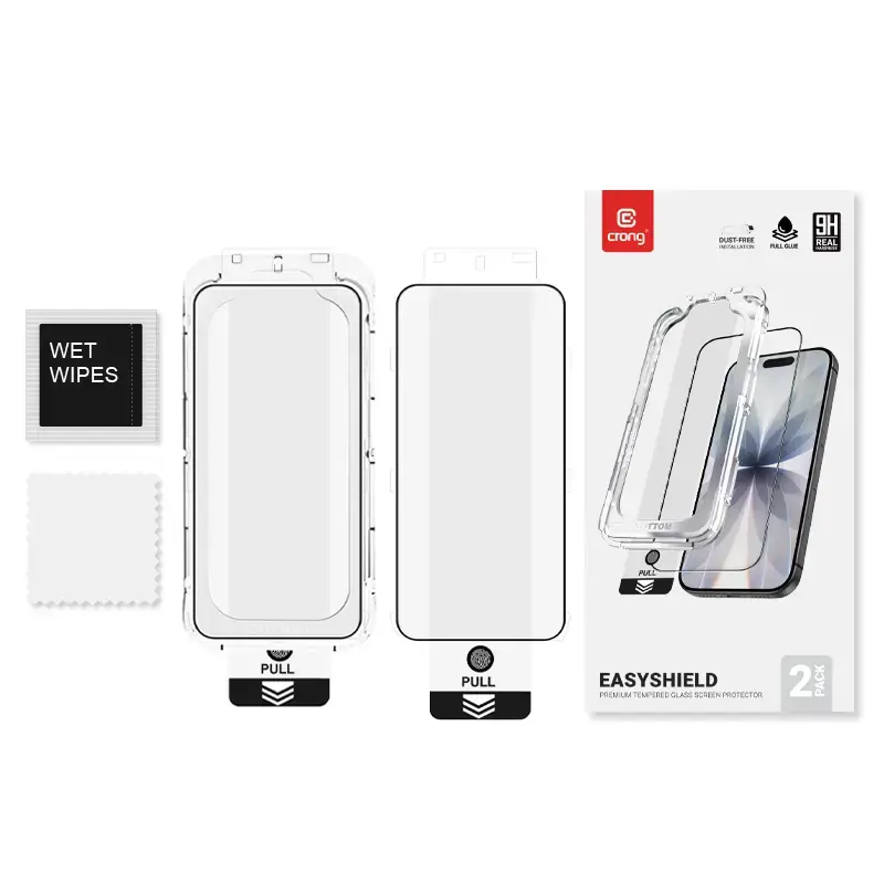 Grūdinto stiklo apsauginis stikliukas Crong EasyShield 2 vnt. paketas, skirtas iPhone 17 / 17 Pro / 16 Pro, aliumosilikatinis, blizgus