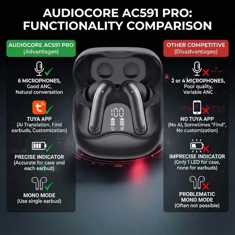 Belaidės ausinės Audiocore AC591 PRO – hibridinis ANC, ENC, 6 mikrofonų, USB‑C įkrovimas, iki 9h veikimo, suderinamos su Tuya, juodos