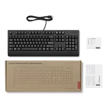 Pilno dydžio laidinė USB klaviatūra Lenovo 4Y41R64588 — JAV anglų, 104 klavišai, plunger jungiklis, 2 m laidas, Juoda