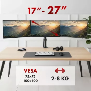 Monitorų laikiklis MACLEAN MC-137 – dujinė spyruoklė, 3 monitoriams 17–27 colių, 2–8 kg kiekvienam, juodas