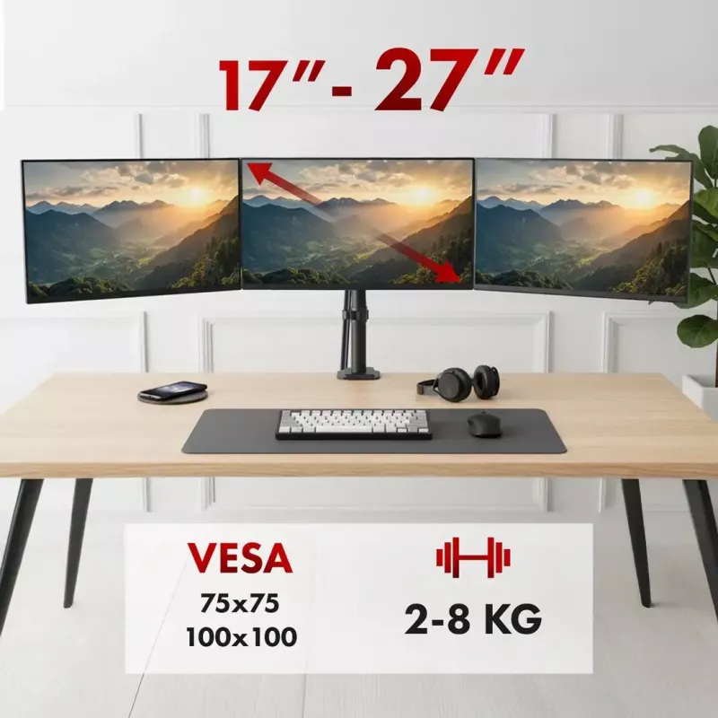 Monitorų laikiklis MACLEAN MC-137 – dujinė spyruoklė, 3 monitoriams 17–27 colių, 2–8 kg kiekvienam, juodas