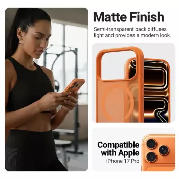Crong Hybrid Matte Magnetic dėklas iPhone 17 Pro — PC+TPU, permatoma oranžinė
