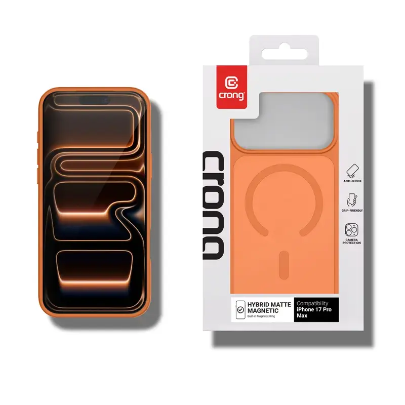 Crong Hybrid Matte Magnetic dėklas iPhone 17 Pro Max — PC+TPU, permatoma oranžinė