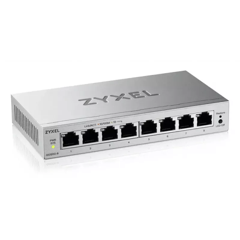 Valdomas L2 Gigabit Ethernet komutatorius Zyxel GS1200-8V3 — 8x RJ-45 10/100/1000, 16 Gbit/s, MAC 4000, stalinis, pilkas