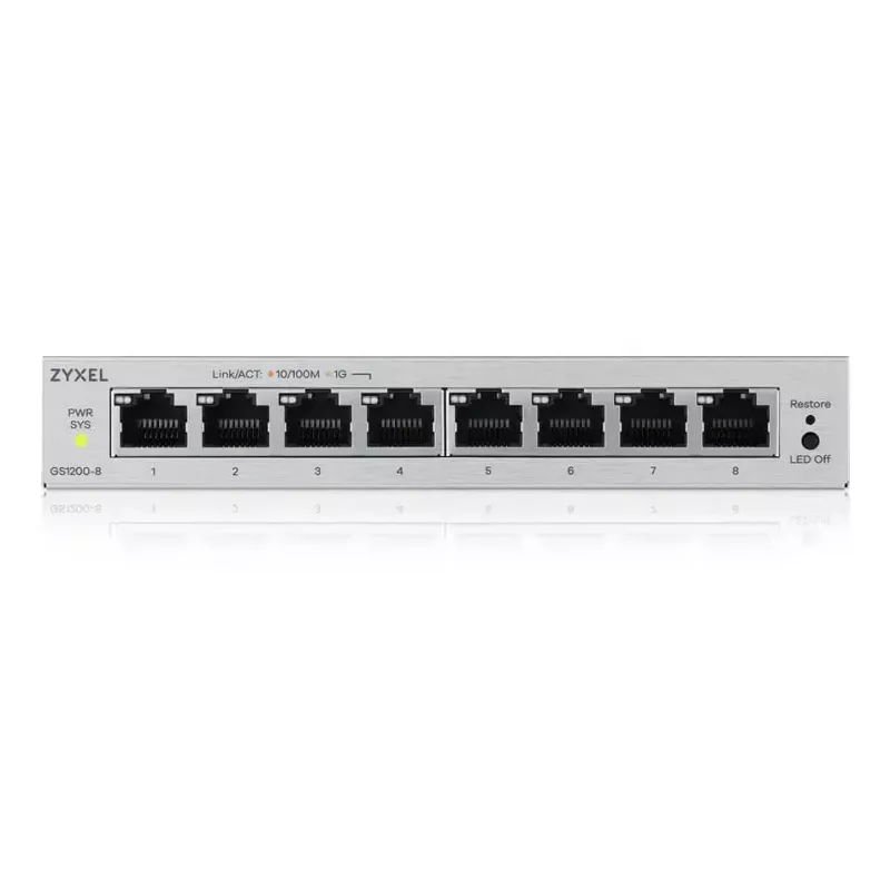 Valdomas L2 Gigabit Ethernet komutatorius Zyxel GS1200-8V3 — 8x RJ-45 10/100/1000, 16 Gbit/s, MAC 4000, stalinis, pilkas