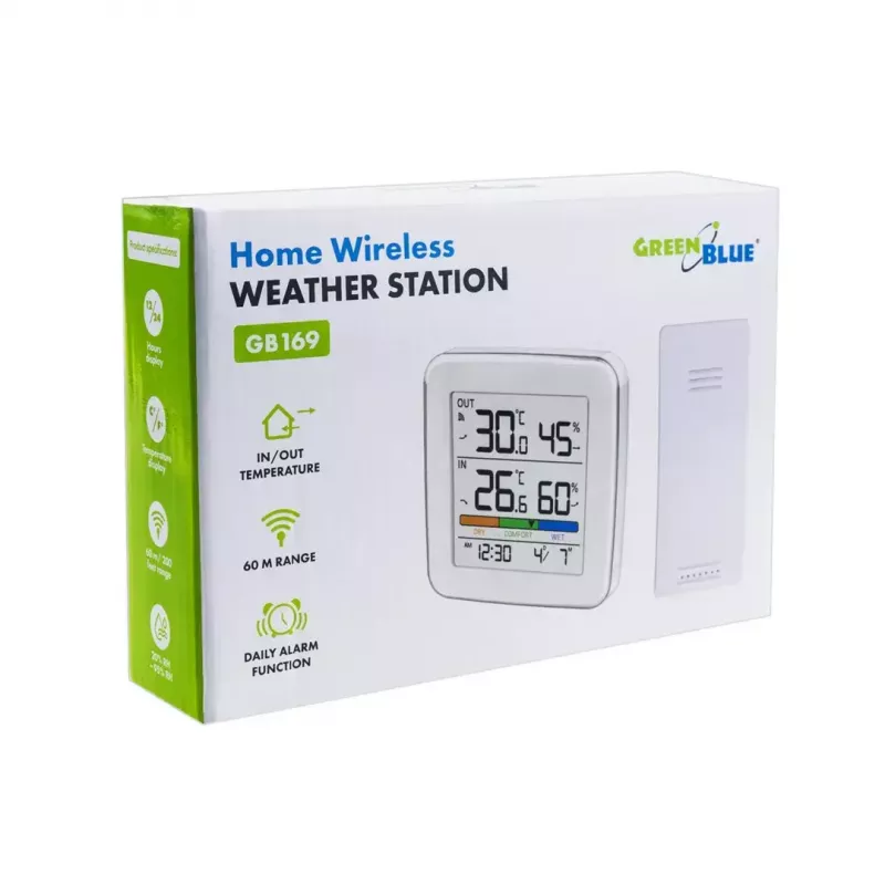 Belaidė orų stotelė GreenBlue GB169 – vidaus/lauko temperatūra ir drėgmė, laikrodis, signalas, diapazonas iki 60 m, °C/°F pasirinkimas