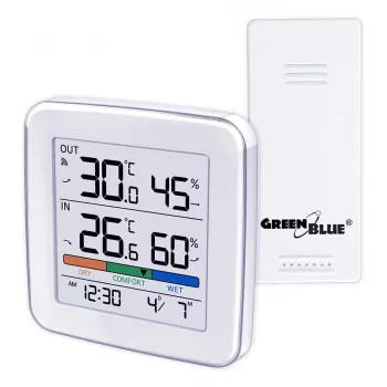 Belaidė orų stotelė GreenBlue GB169 – vidaus/lauko temperatūra ir drėgmė, laikrodis, signalas, diapazonas iki 60 m, °C/°F pasirinkimas