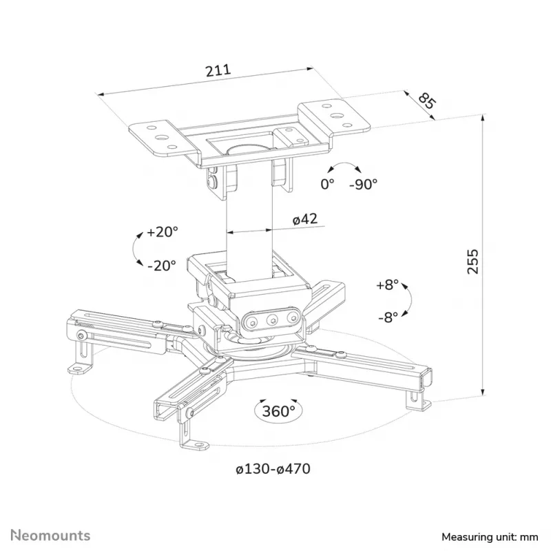 Lubinis projektoriaus laikiklis Neomounts CL25-530WH1 — pilnas judesys, maks. apkrova 45 kg, aukštis 25,5 cm, baltas