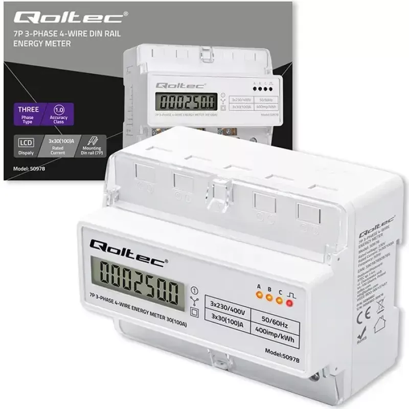 Trifazis DIN bėgio energijos skaitiklis QOLTEC 50978 — 400V, 100A