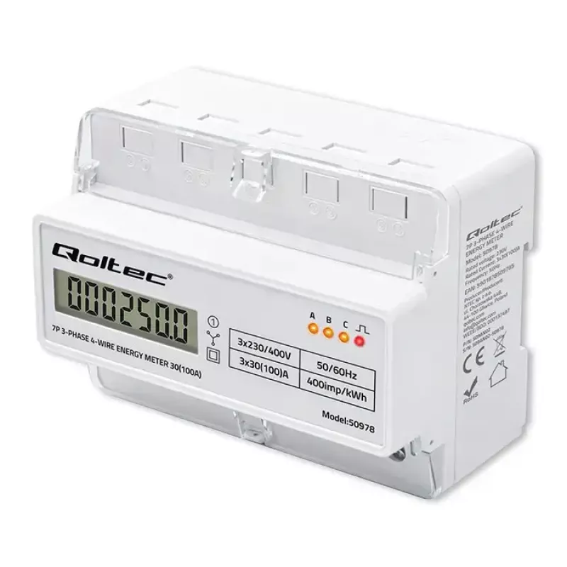 Trifazis DIN bėgio energijos skaitiklis QOLTEC 50978 — 400V, 100A