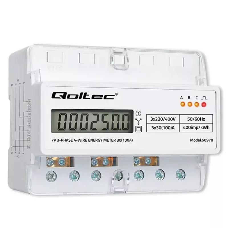 Trifazis DIN bėgio energijos skaitiklis QOLTEC 50978 — 400V, 100A