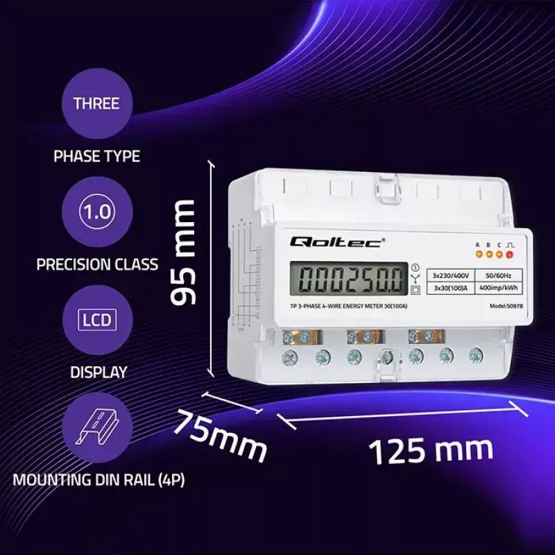Trifazis DIN bėgio energijos skaitiklis QOLTEC 50978 — 400V, 100A