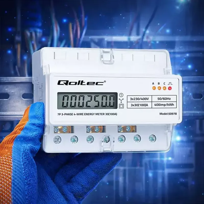 Trifazis DIN bėgio energijos skaitiklis QOLTEC 50978 — 400V, 100A