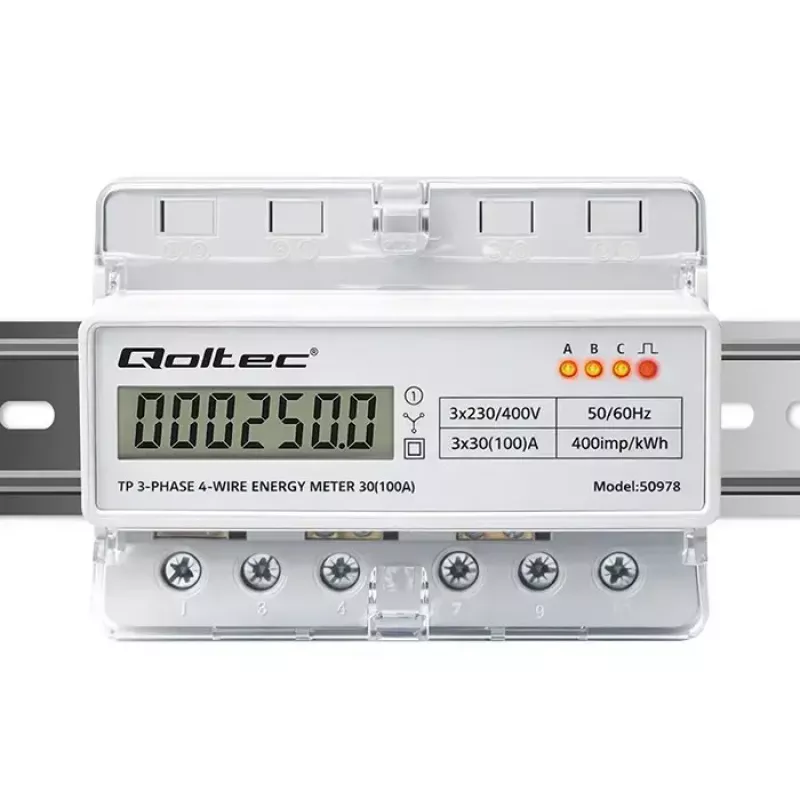 Trifazis DIN bėgio energijos skaitiklis QOLTEC 50978 — 400V, 100A
