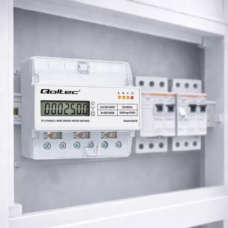 Trifazis DIN bėgio energijos skaitiklis QOLTEC 50978 — 400V, 100A
