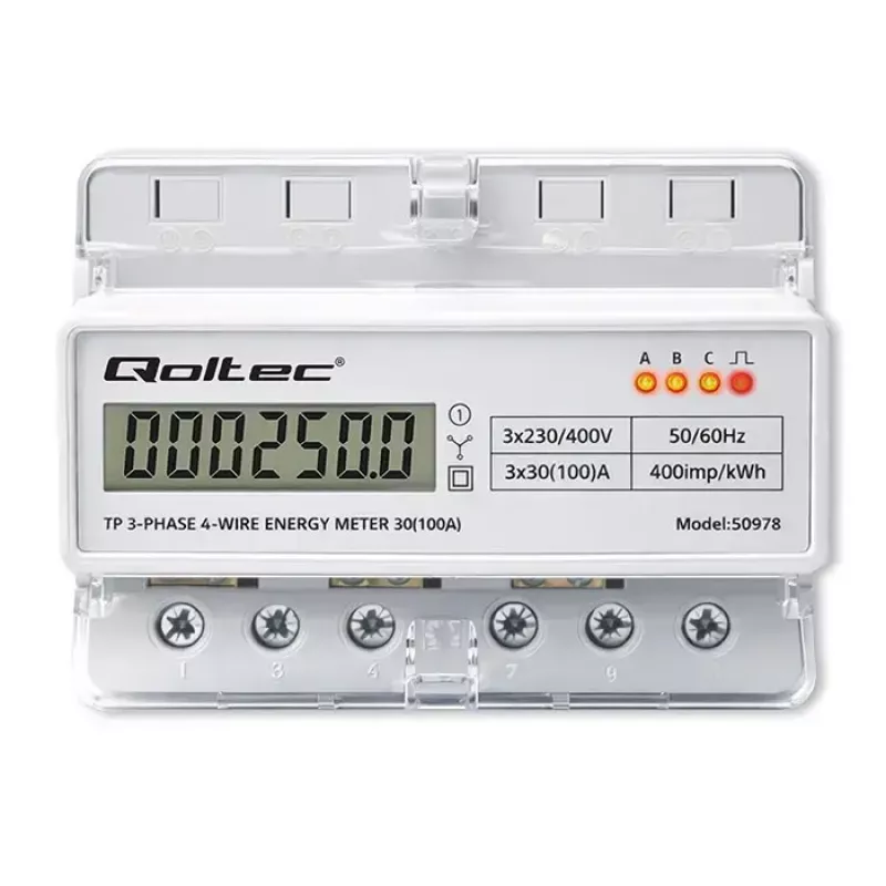 Trifazis DIN bėgio energijos skaitiklis QOLTEC 50978 — 400V, 100A