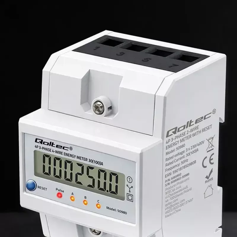 Trifazis elektros energijos skaitiklis QOLTEC 50980 — 400 V, 100 A su atstatymo funkcija