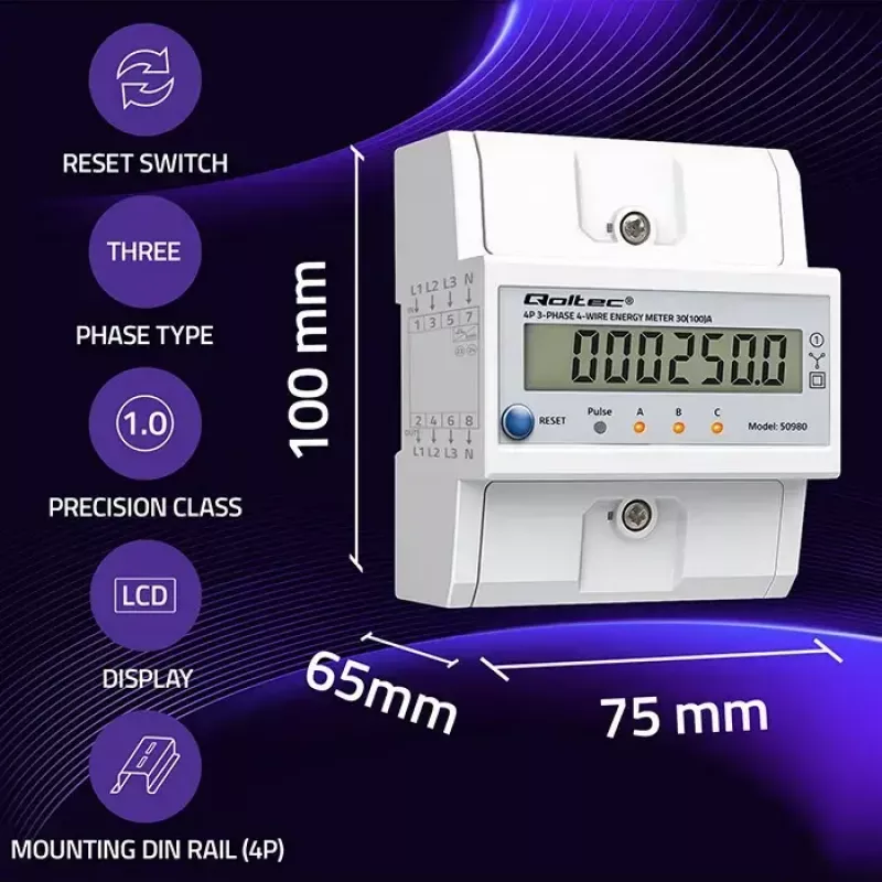 Trifazis elektros energijos skaitiklis QOLTEC 50980 — 400 V, 100 A su atstatymo funkcija