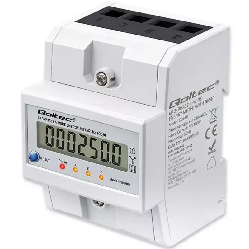 Trifazis elektros energijos skaitiklis QOLTEC 50980 — 400 V, 100 A su atstatymo funkcija