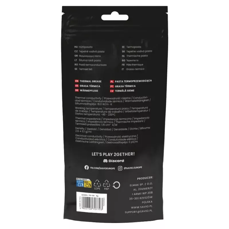 Termopasta SAVIO TG-05 1 g — šilumos laidumas 18 W/m·K, pilka, tankis 2,6 g/cm³