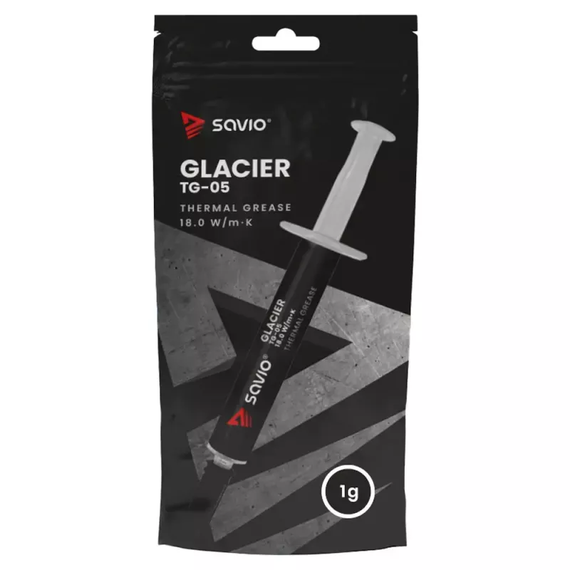 Termopasta SAVIO TG-05 1 g — šilumos laidumas 18 W/m·K, pilka, tankis 2,6 g/cm³