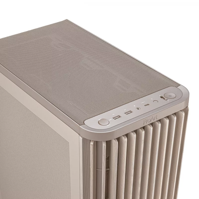 Korpusas ASUS ProArt PA401 Wood Mesh PWM Beige — ATX, medinė panelė, 2×160 mm priekyje, 1×120 mm gale, 2×3.5 colio + 2×2.5 colio vietos