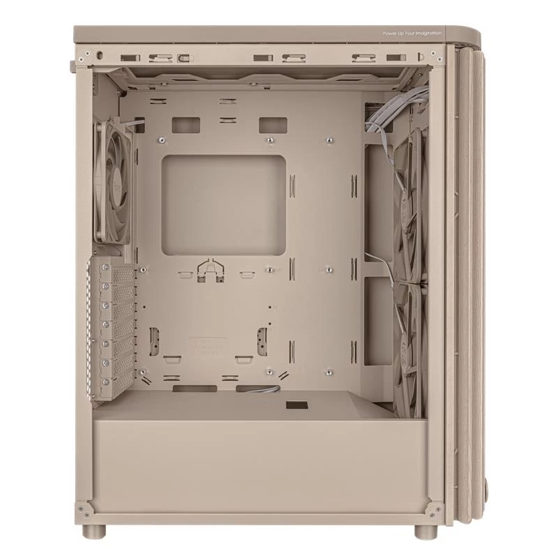 Korpusas ASUS ProArt PA401 Wood Mesh PWM Beige — ATX, medinė panelė, 2×160 mm priekyje, 1×120 mm gale, 2×3.5 colio + 2×2.5 colio vietos