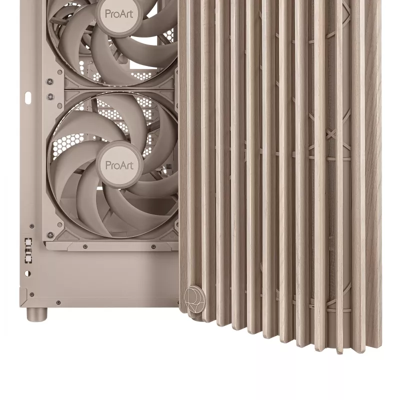 Korpusas ASUS ProArt PA401 Wood Mesh PWM Beige — ATX, medinė panelė, 2×160 mm priekyje, 1×120 mm gale, 2×3.5 colio + 2×2.5 colio vietos