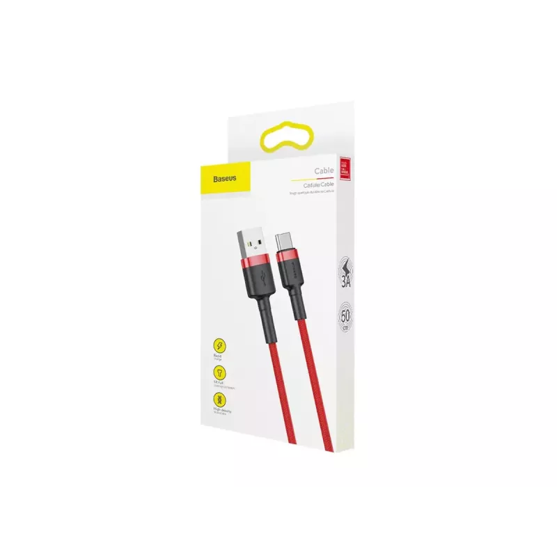 USB-A į USB-C laidas Baseus Cafule — USB 2.0 A→C, QC3.0 įkrovimo palaikymas, nailono pynė, raudonas