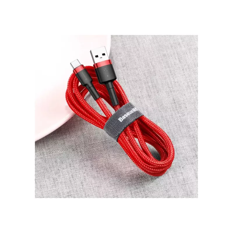 USB-A į USB-C laidas Baseus Cafule — USB 2.0 A→C, QC3.0 įkrovimo palaikymas, nailono pynė, raudonas