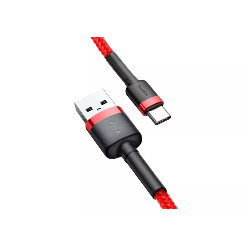 USB-A į USB-C laidas Baseus Cafule — USB 2.0 A→C, QC3.0 įkrovimo palaikymas, nailono pynė, raudonas