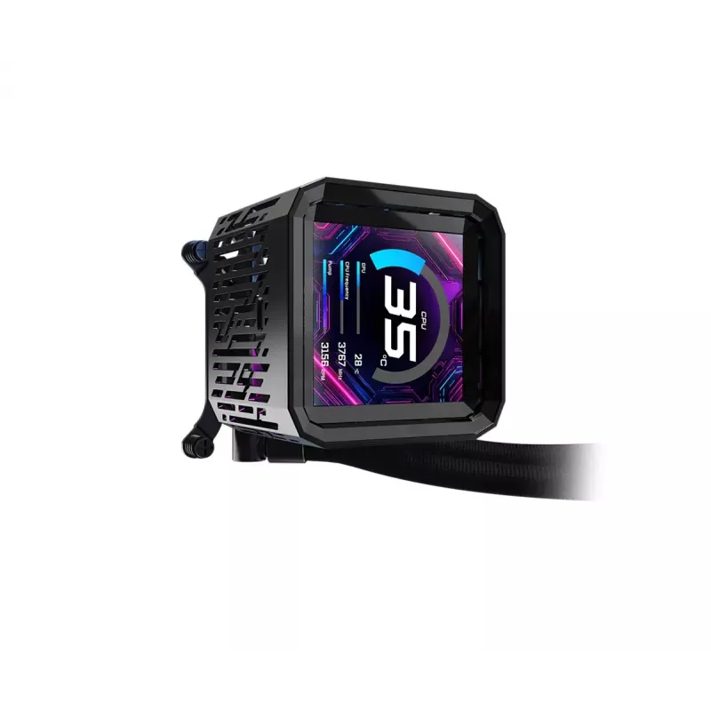 ASRock Phantom Gaming 360 LCD skysčio aušinimo rinkinys — 120 mm ventiliatoriai, LGA1700/AM5/AM4, juodas
