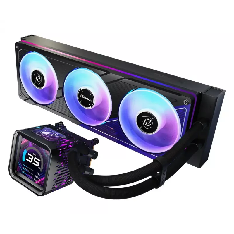 ASRock Phantom Gaming 360 LCD skysčio aušinimo rinkinys — 120 mm ventiliatoriai, LGA1700/AM5/AM4, juodas