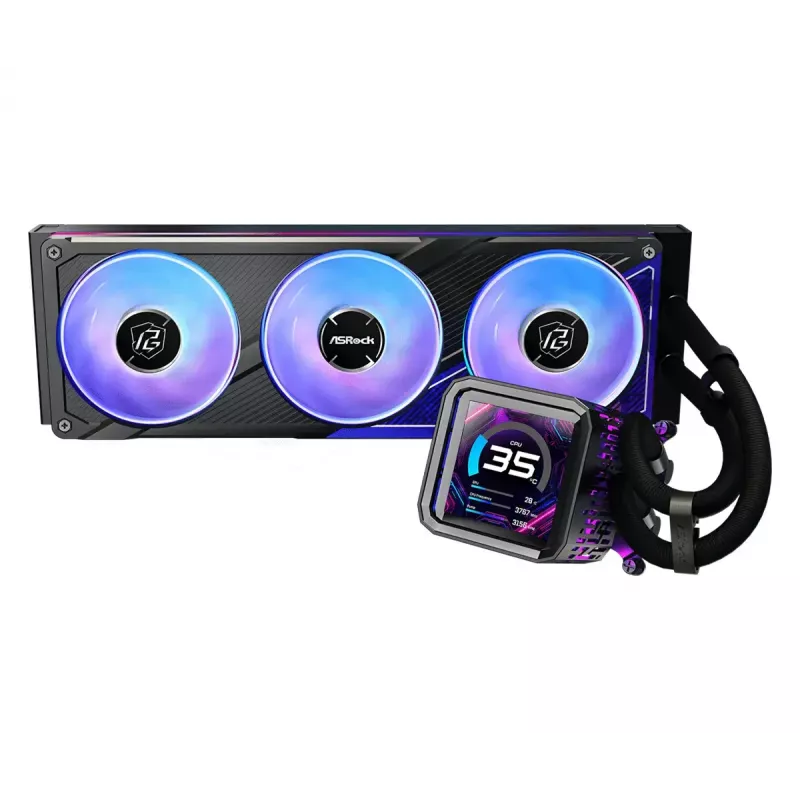 ASRock Phantom Gaming 360 LCD skysčio aušinimo rinkinys — 120 mm ventiliatoriai, LGA1700/AM5/AM4, juodas