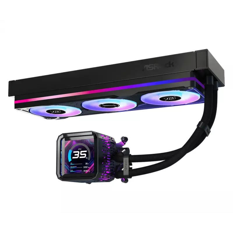 ASRock Phantom Gaming 360 LCD skysčio aušinimo rinkinys — 120 mm ventiliatoriai, LGA1700/AM5/AM4, juodas