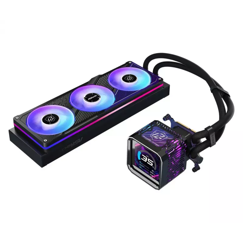 ASRock Phantom Gaming 360 LCD skysčio aušinimo rinkinys — 120 mm ventiliatoriai, LGA1700/AM5/AM4, juodas